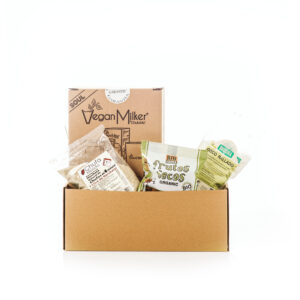 caja de carton con una vegan milker soul y 3 paquetes de semillas