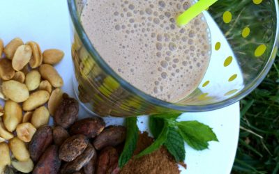 Milk-shake végétalien avec du lait de cacahuètes, cacao et menthe