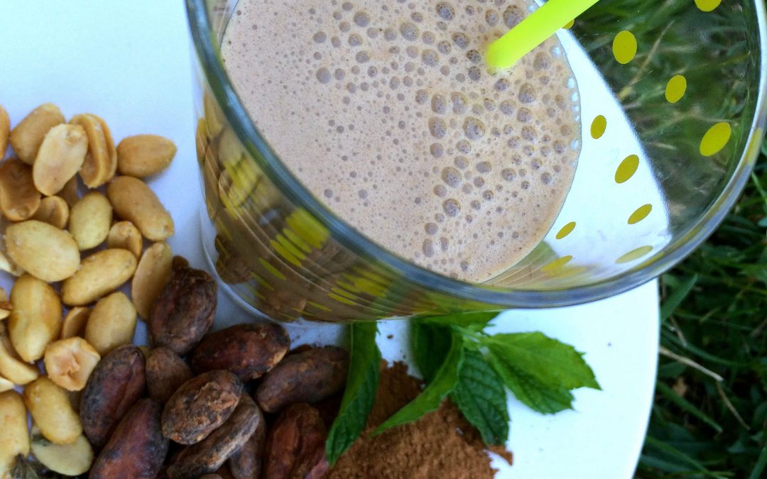 Vegan milkshake with peanut milk, cocoa and mint