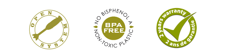 3 logos relacionados con la calidad de vegan milker como BPA FREE, GARANTIA 2 AÑOS Y OPEN SYSTEM