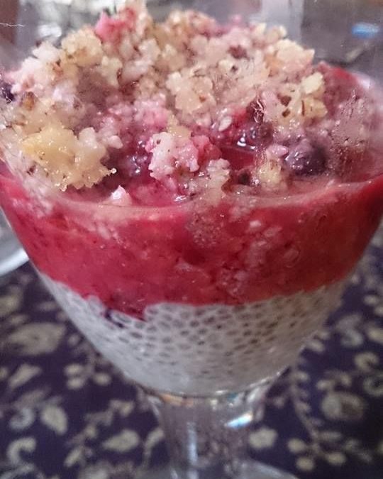 Almond milk pudding with berries & pulp crumble topping