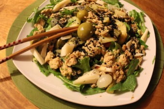 Salad with homemade almond milk pulp