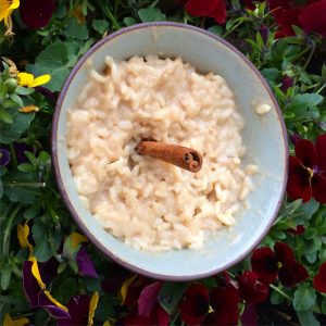 Vegan recipe of rice pudding with almond milk