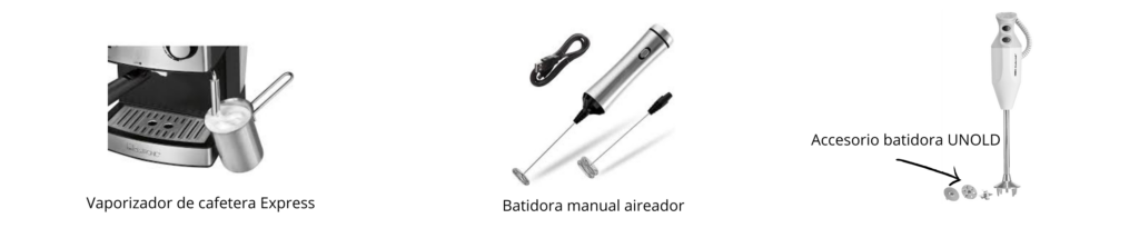 imagen de tres sistemas para airear la leche vaporizador, batidora manual y batidora unold con accesorio especial cremosidad.