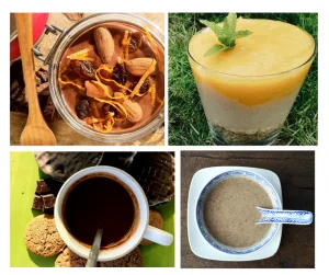 diferentes plates cocinados con leche de avena: chocolatea al ataza, pudding, natillas y crema de champiñones