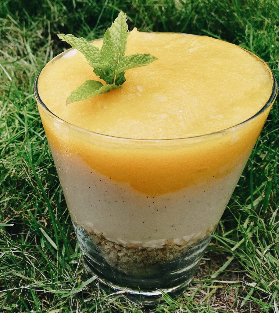 Oat milk custard with Mango and Peanuts