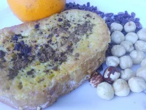 French toast with hazelnut, cocoa and orange peel milk
