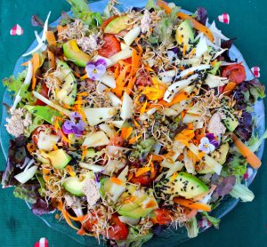 Salad with flowers and walnut cheese