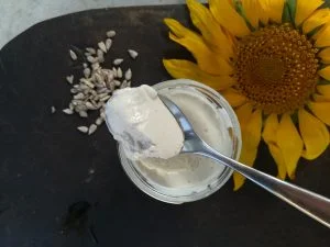 yogur jar close to a sunflower seed 